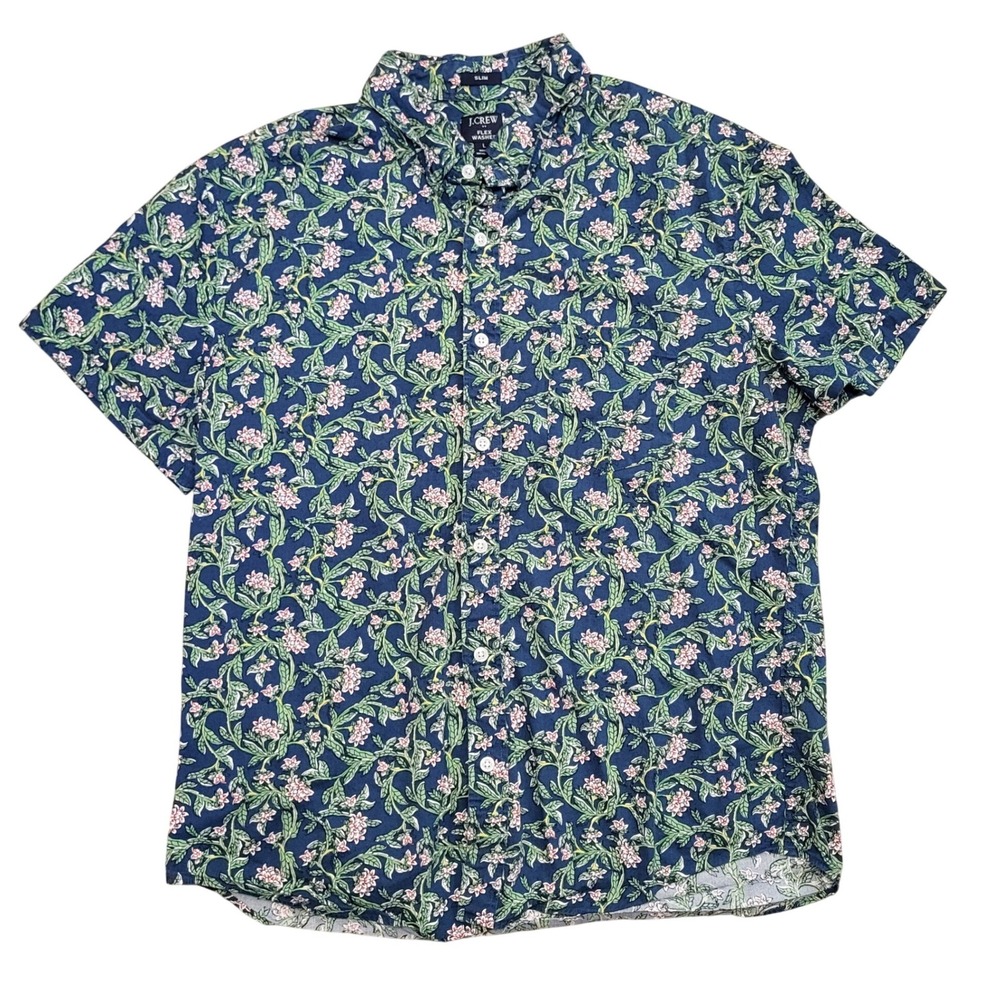 J.Crew‎ Flex Washed Slim Fit Shirt Mens Large Navy Pink Floral Short Sleeve L